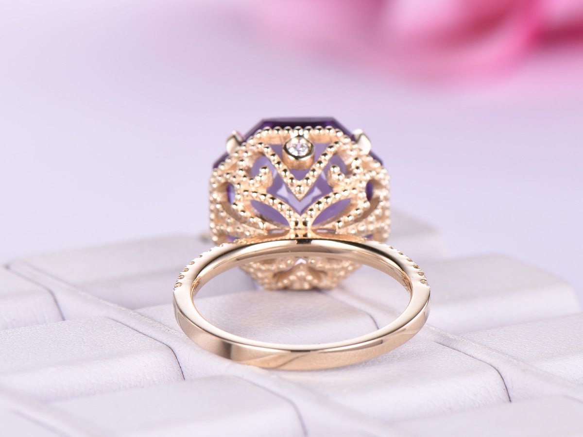 8ct Octagonal Amethyst Engagement Ring Milgrain Under Gallery 14K Yellow Gold - Lord of Gem Rings