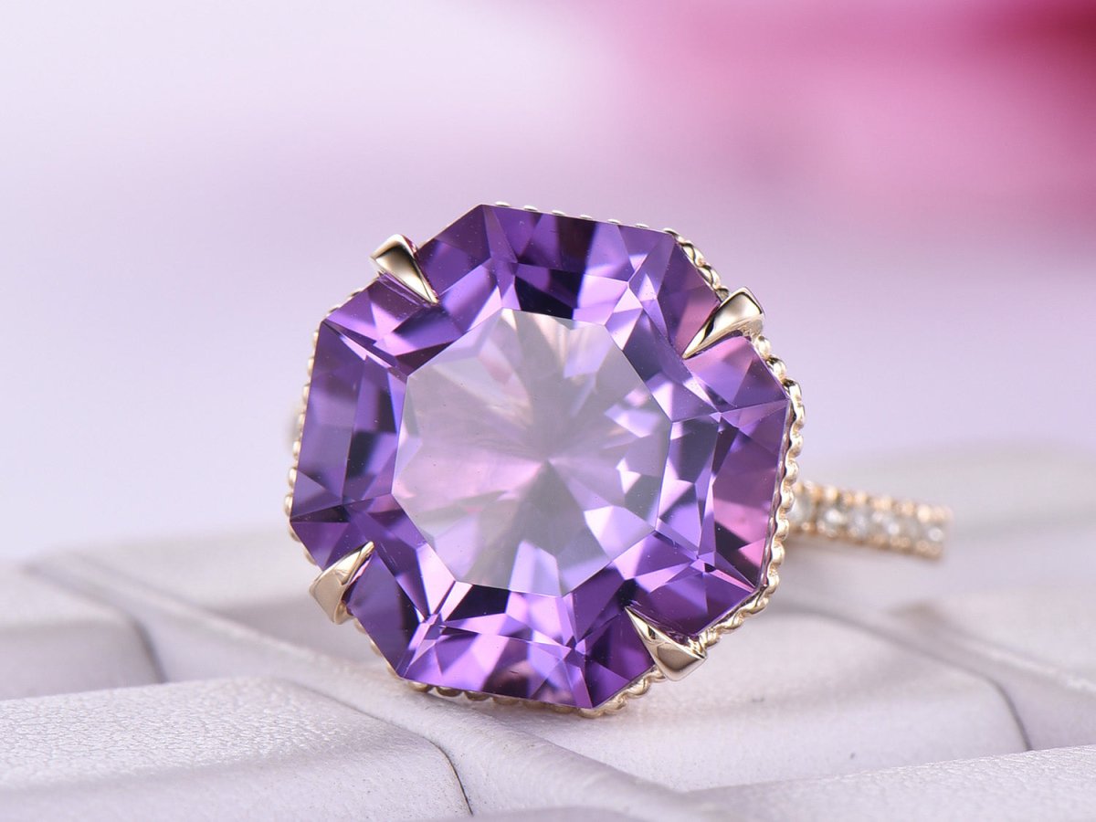 8ct Octagonal Amethyst Engagement Ring Milgrain Under Gallery 14K Yellow Gold - Lord of Gem Rings