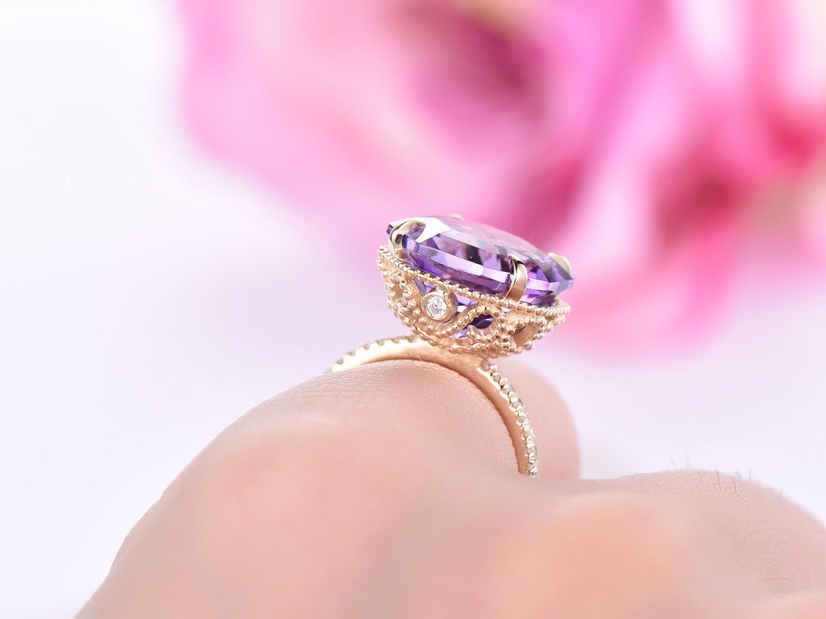 8ct Octagonal Amethyst Engagement Ring Milgrain Under Gallery 14K Yellow Gold - Lord of Gem Rings