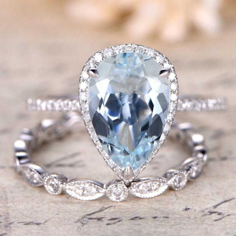 Elongated 3ct Pear Cut Natural Aquamarine Engagement Ring Art Deco