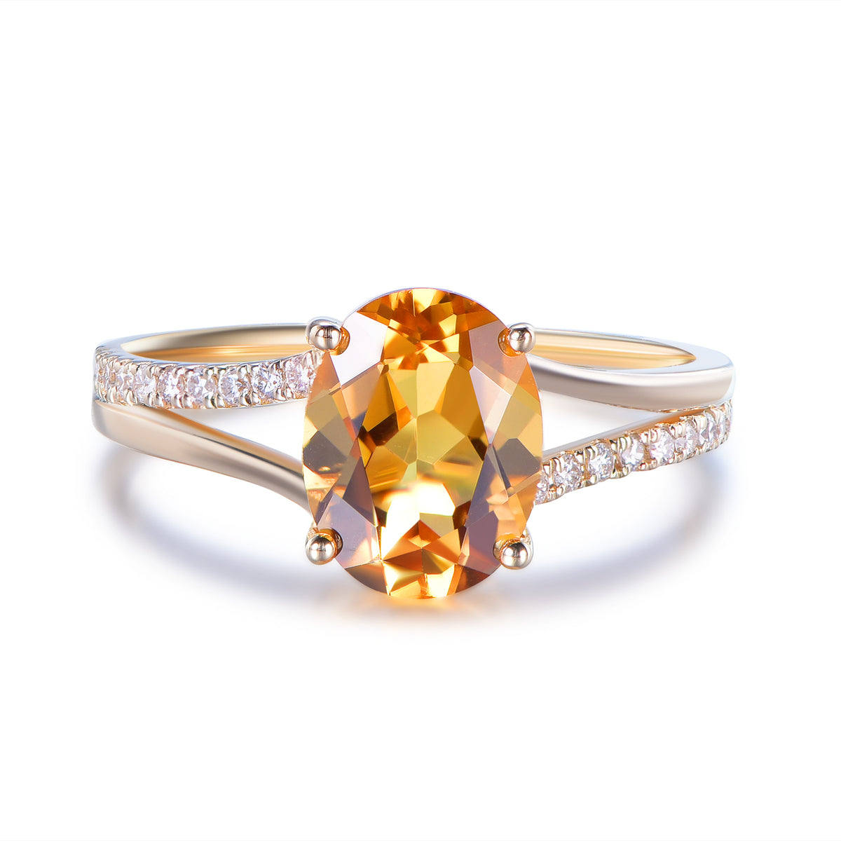 2-Carat Oval Citrine and Diamond Engagement Ring | 14K Gold/Silver Split Shank November Birthstone Gift