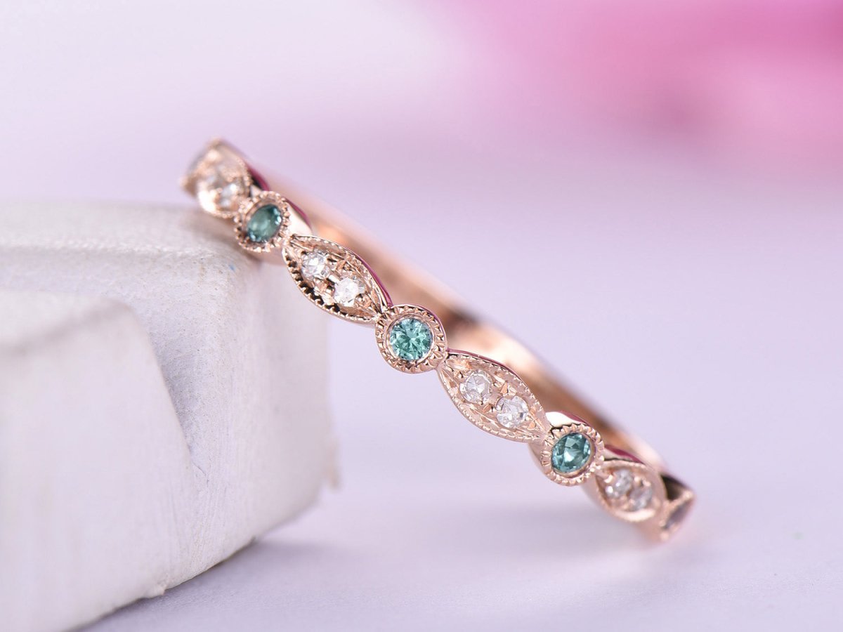 Art Deco Alexandrite Diamond Half Eternity April/June Birthstone Band - Lord of Gem Rings