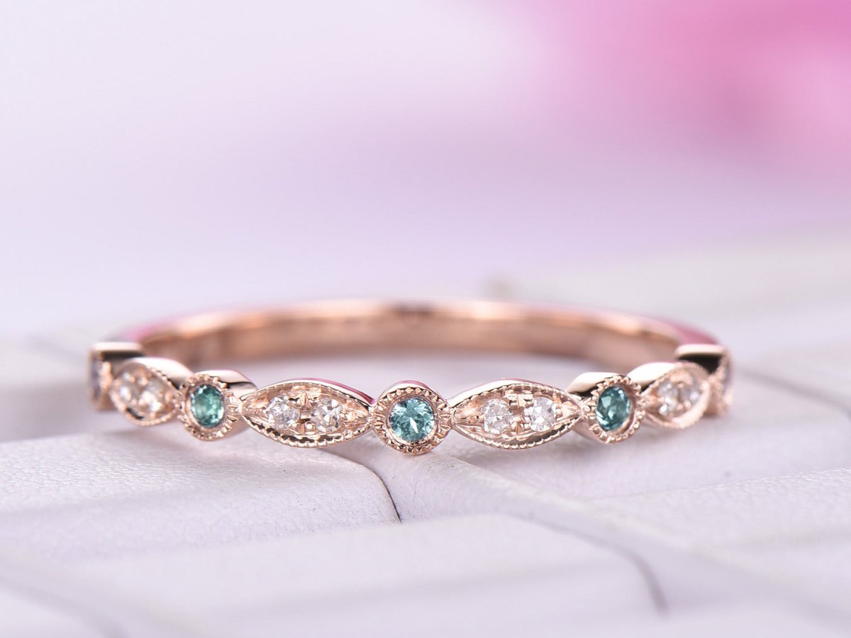 Art Deco Alexandrite Diamond Half Eternity April/June Birthstone Band - Lord of Gem Rings