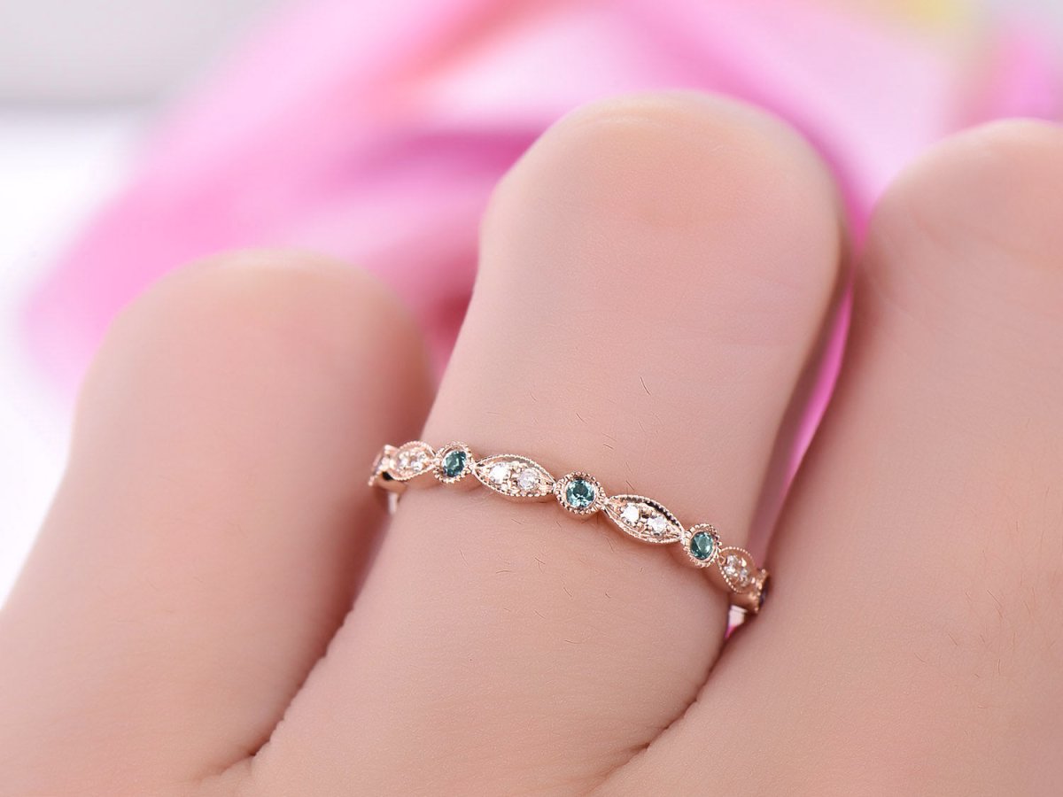 Art Deco Alexandrite Diamond Half Eternity April/June Birthstone Band - Lord of Gem Rings