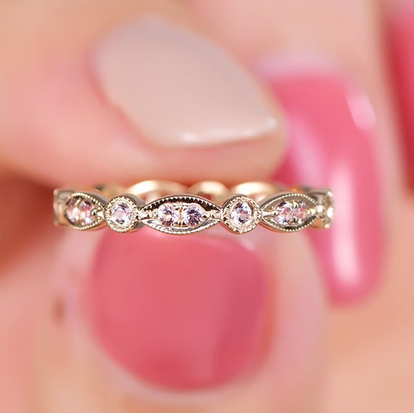 Art Deco Pavé - Set Pink Morganite Milgrain Eternity Band - Lord of Gem Rings
