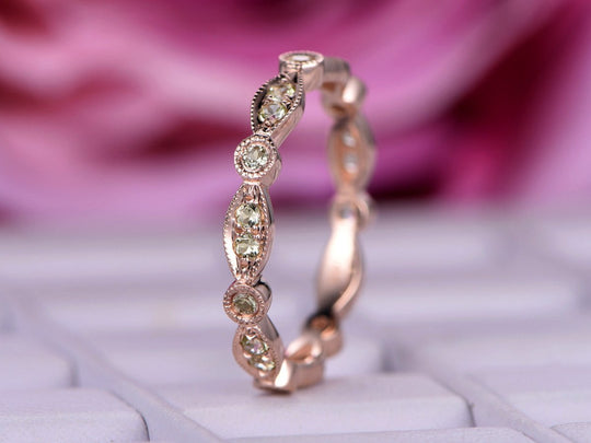 Art Deco Peridot Milgrain Marquise and Dot August Birthstone Band