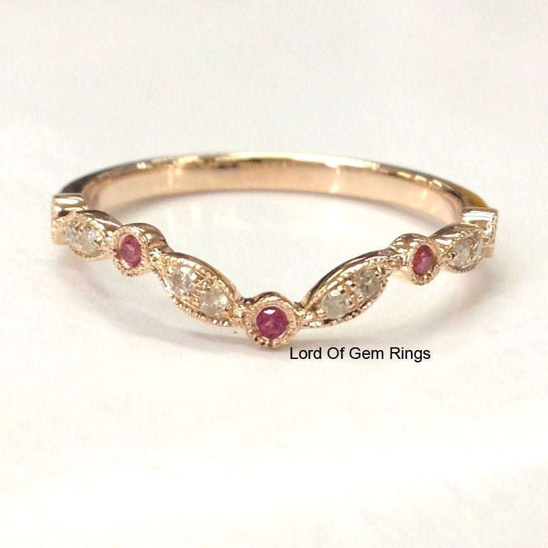 Art Deco Ruby Diamond Chevron July Birthstone Wedding Band 14K Rose Gold