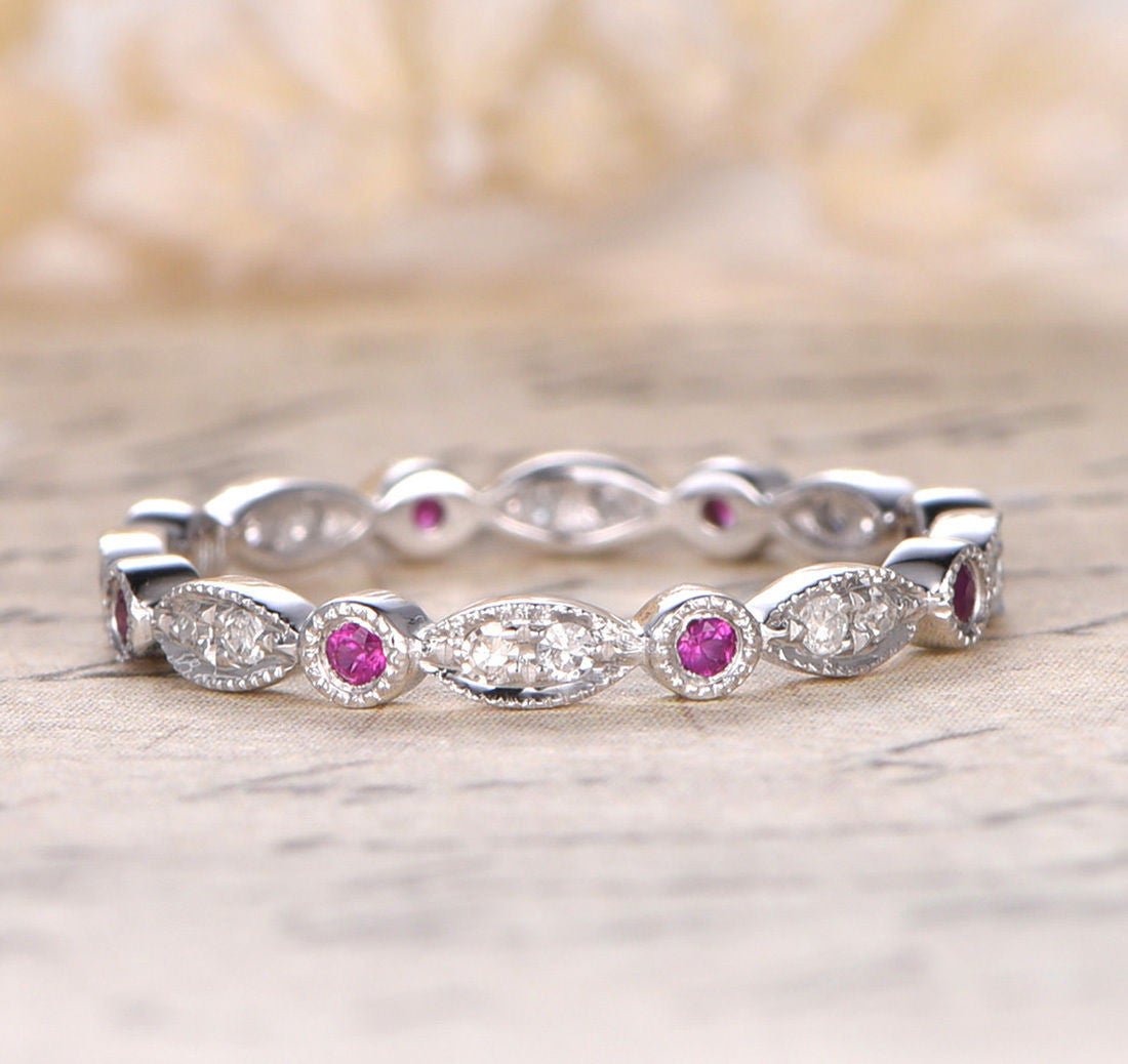 Art Deco Ruby Diamond Eternity July Birthstone Wedding Band 14k White Gold
