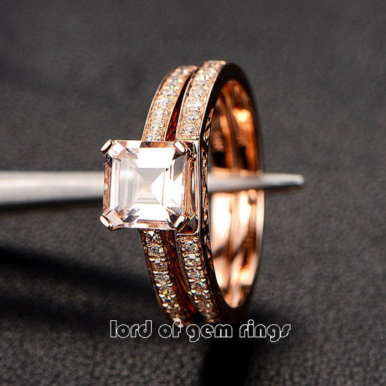 Asscher cut Morganite Wedding Ring Set Contour Diamond Band 14K Rose Gold