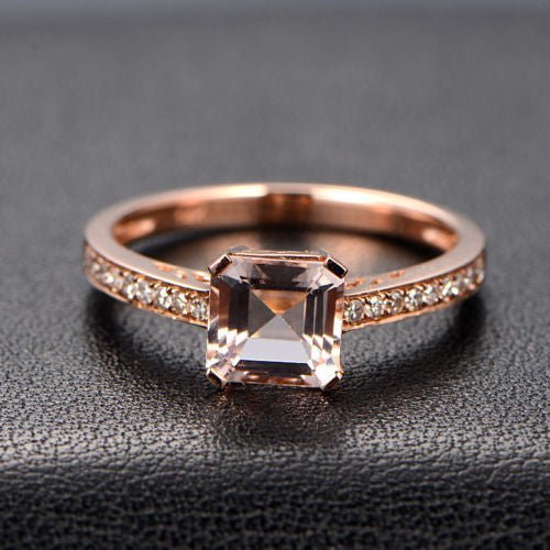 Asscher Morganite Engagement Ring Pave Diamond Wedding 14K Rose Gold - Lord of Gem Rings