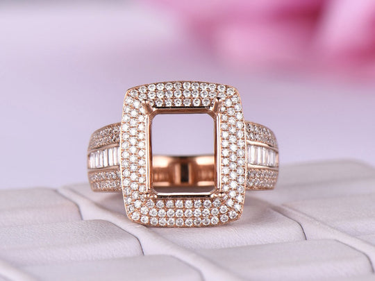 Baguette Triple Row Diamond Halo Emerald Cut