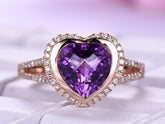 Bezel-Set Heart Amethyst Diamond Halo Split Shank Ring 14k Rose Gold - Lord of Gem Rings