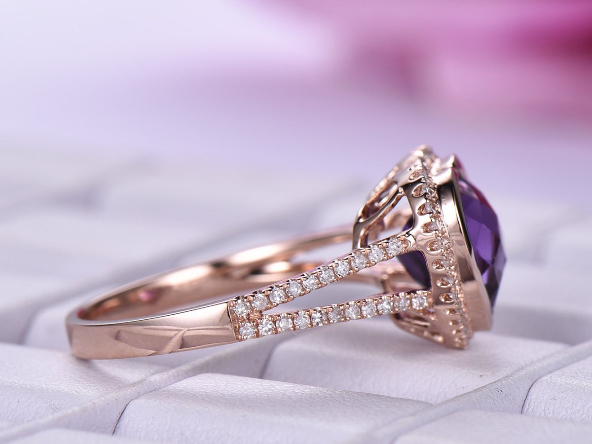 Bezel-Set Heart Amethyst Diamond Halo Split Shank Ring 14k Rose Gold - Lord of Gem Rings