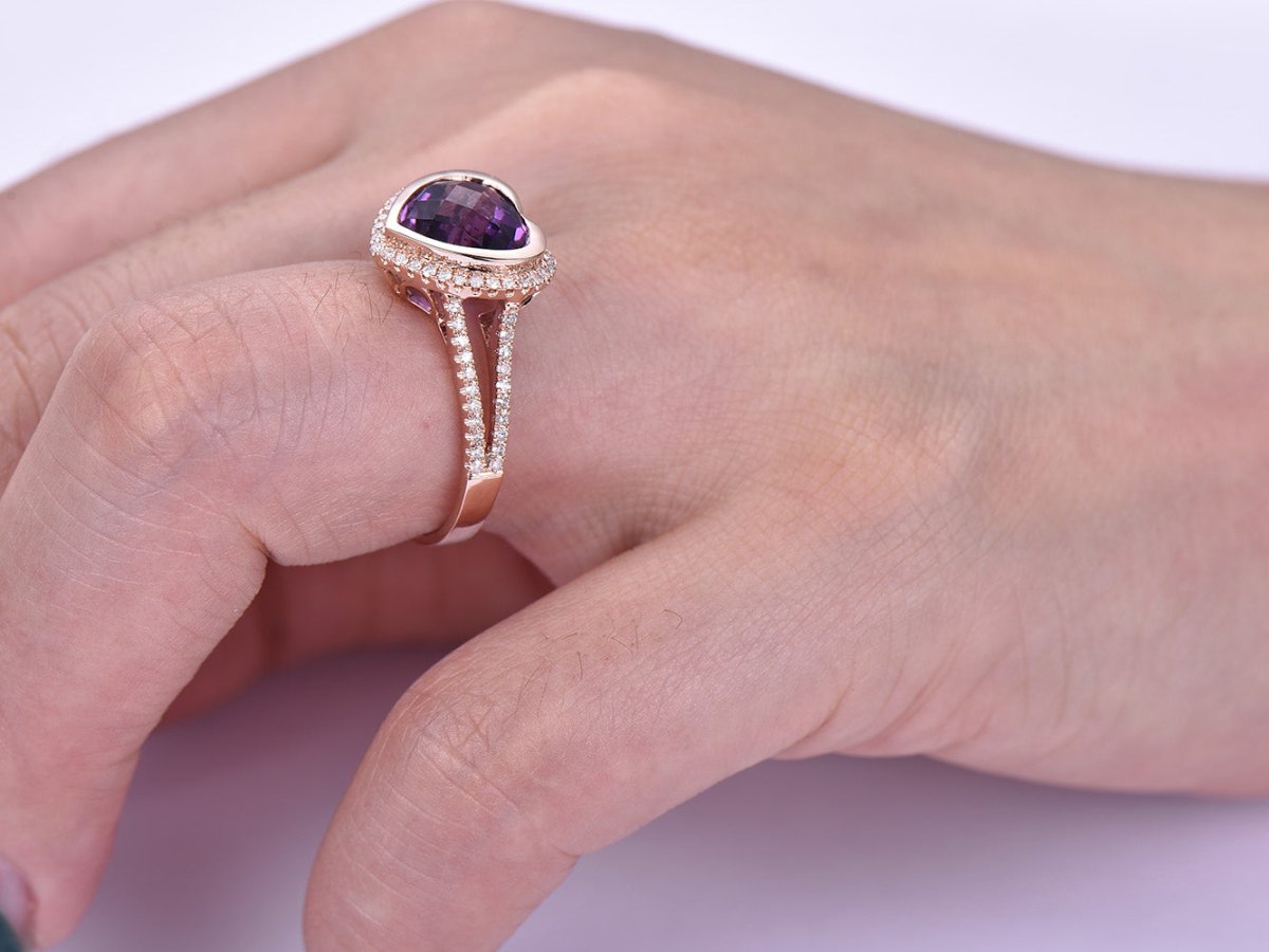 Bezel-Set Heart Amethyst Diamond Halo Split Shank Ring 14k Rose Gold - Lord of Gem Rings
