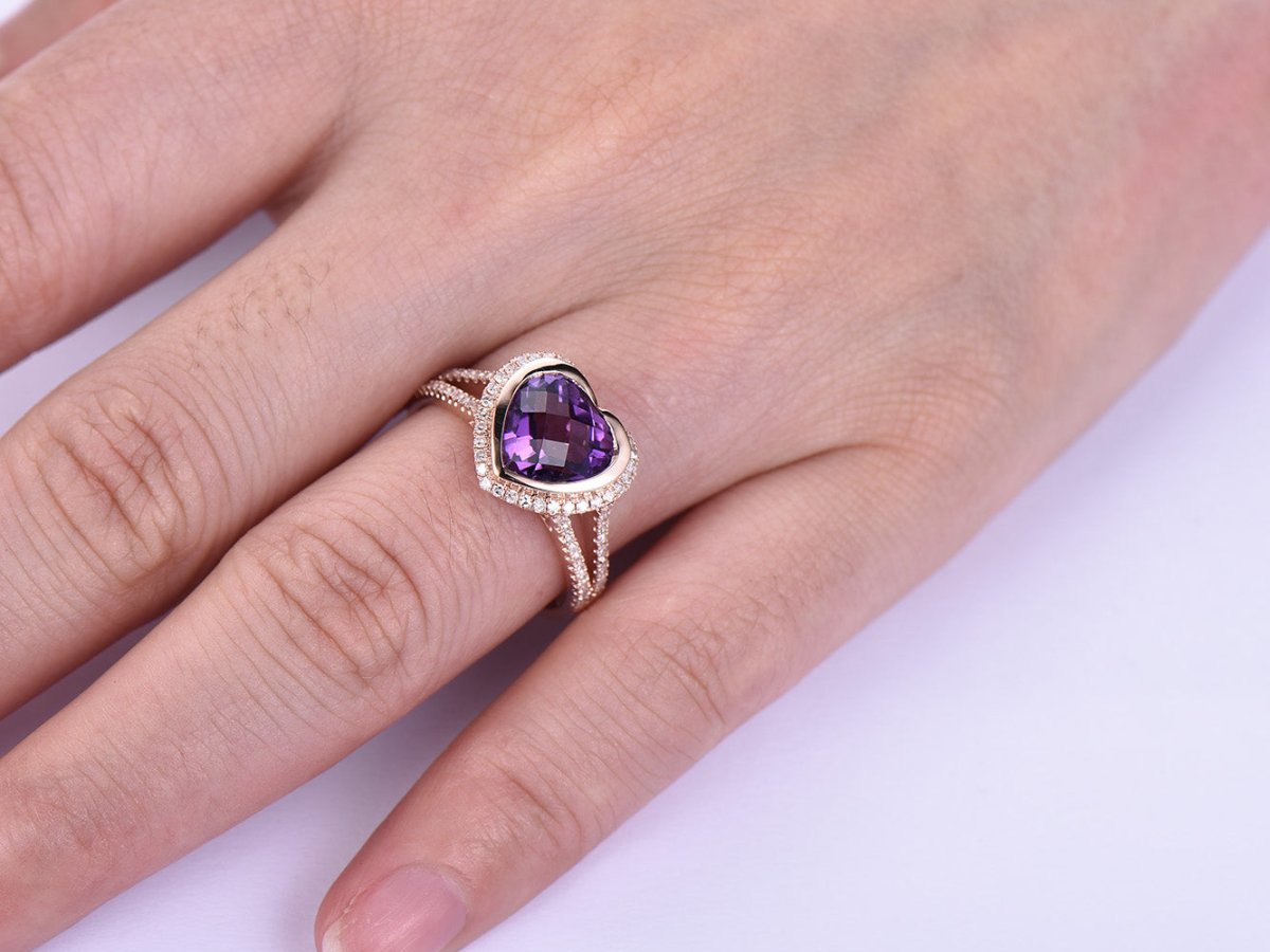 Bezel-Set Heart Amethyst Diamond Halo Split Shank Ring 14k Rose Gold - Lord of Gem Rings