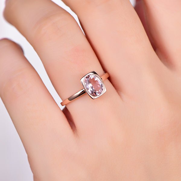 Bezel Set Oval Morganite Solitaire Ring 14K Rose Gold - Lord of Gem Rings