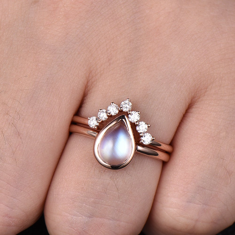 Bezel-Set Pear Moonstone Diamond Chevron Wedding Band Bridal Set - Lord of Gem Rings