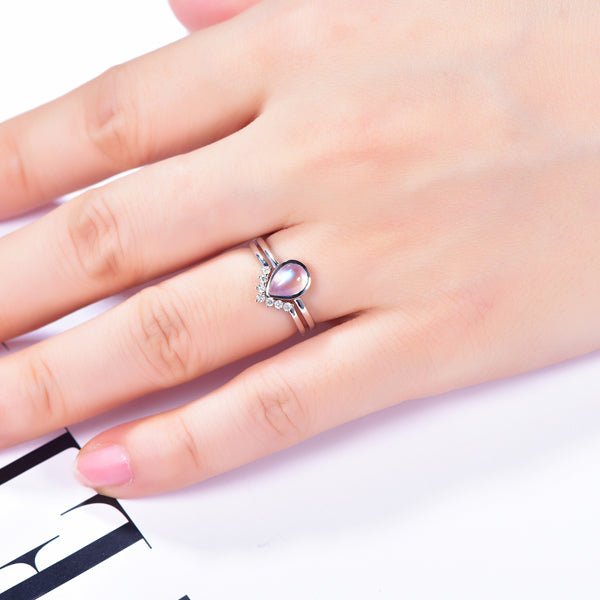 Bezel-Set Pear Moonstone Diamond Chevron Wedding Band Bridal Set - Lord of Gem Rings