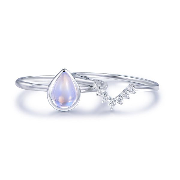 Bezel-Set Pear Moonstone Diamond Chevron Wedding Band Bridal Set - Lord of Gem Rings
