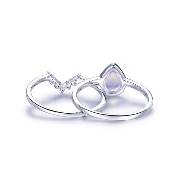 Bezel-Set Pear Moonstone Diamond Chevron Wedding Band Bridal Set - Lord of Gem Rings