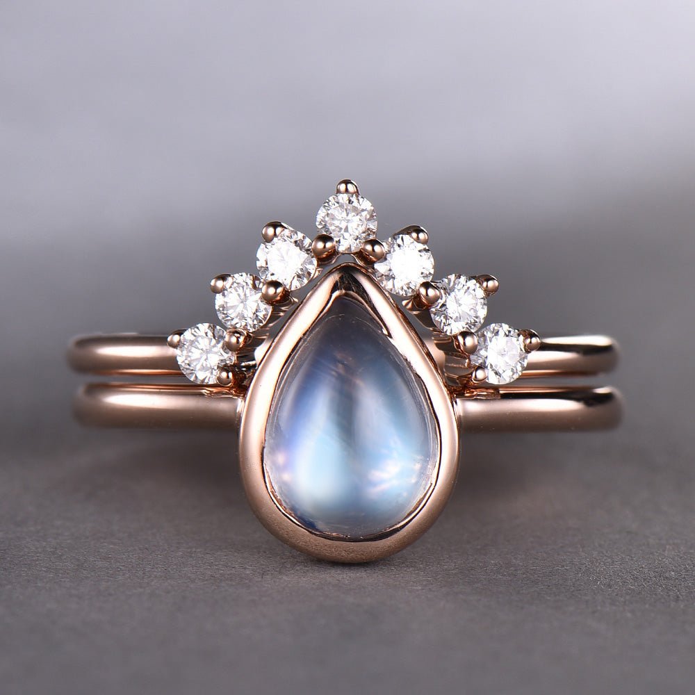 Bezel-Set Pear Moonstone Diamond Chevron Wedding Band Bridal Set - Lord of Gem Rings