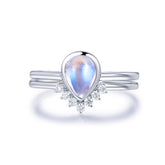 Bezel-Set Pear Moonstone Diamond Chevron Wedding Band Bridal Set - Lord of Gem Rings
