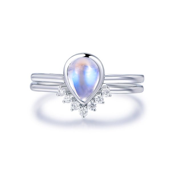 Bezel-Set Pear Moonstone Diamond Chevron Wedding Band Bridal Set - Lord of Gem Rings