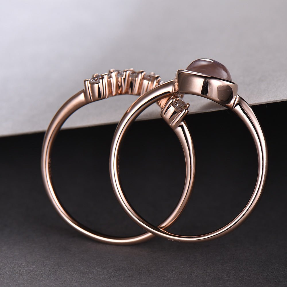 Bezel-Set Pear Moonstone Diamond Chevron Wedding Band Bridal Set - Lord of Gem Rings