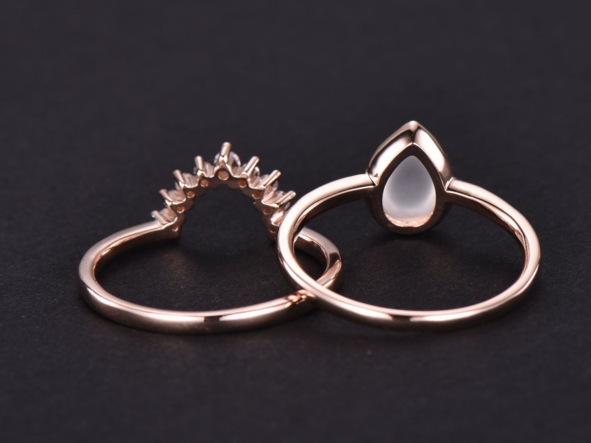 Bezel-Set Pear Moonstone Diamond Contour Wedding Band Bridal Set - Lord of Gem Rings