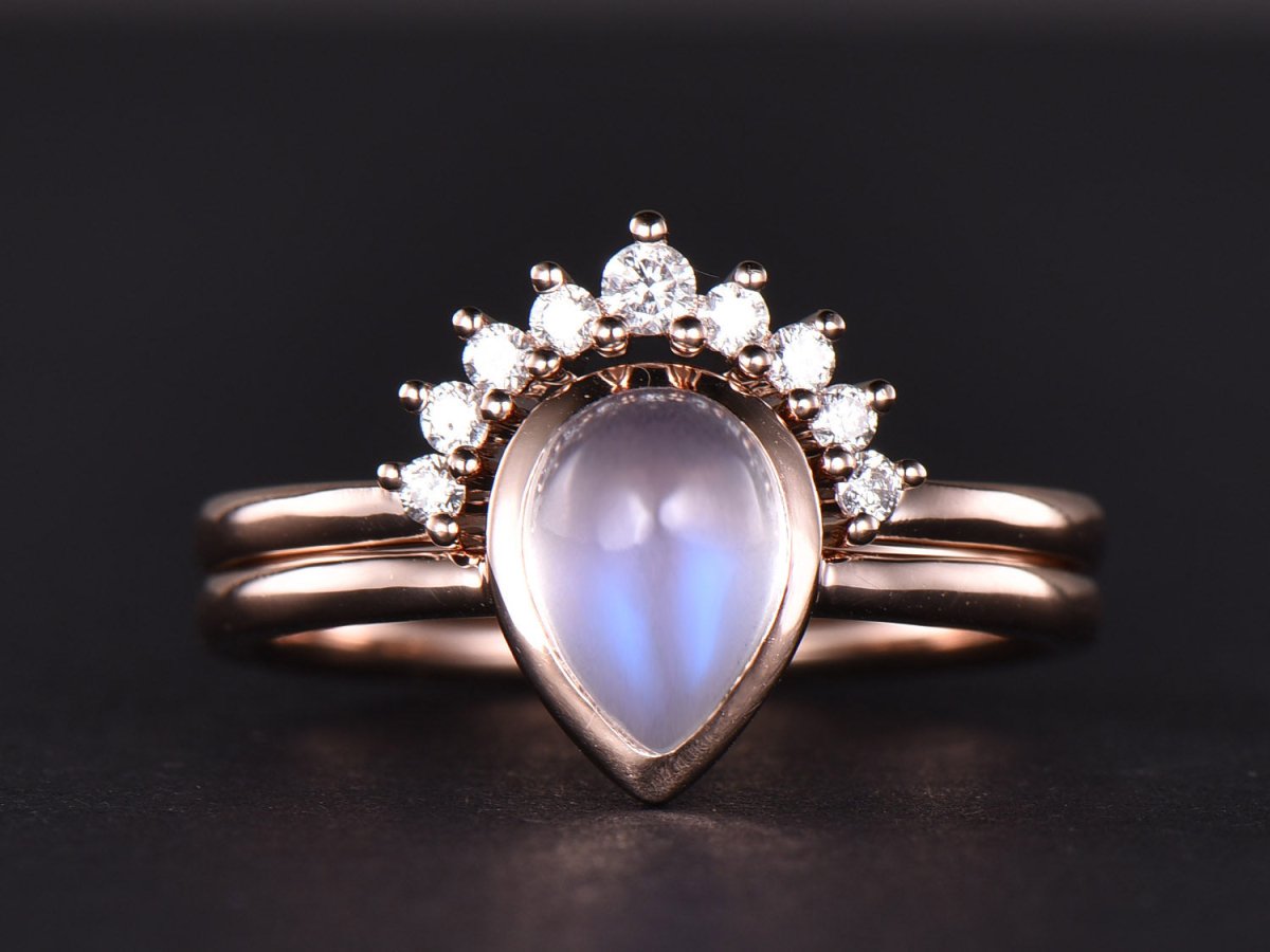 Bezel-Set Pear Moonstone Diamond Contour Wedding Band Bridal Set - Lord of Gem Rings