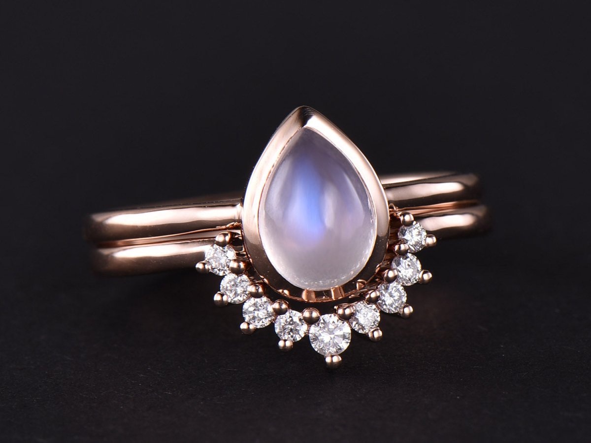 Bezel-Set Pear Moonstone Diamond Contour Wedding Band Bridal Set - Lord of Gem Rings