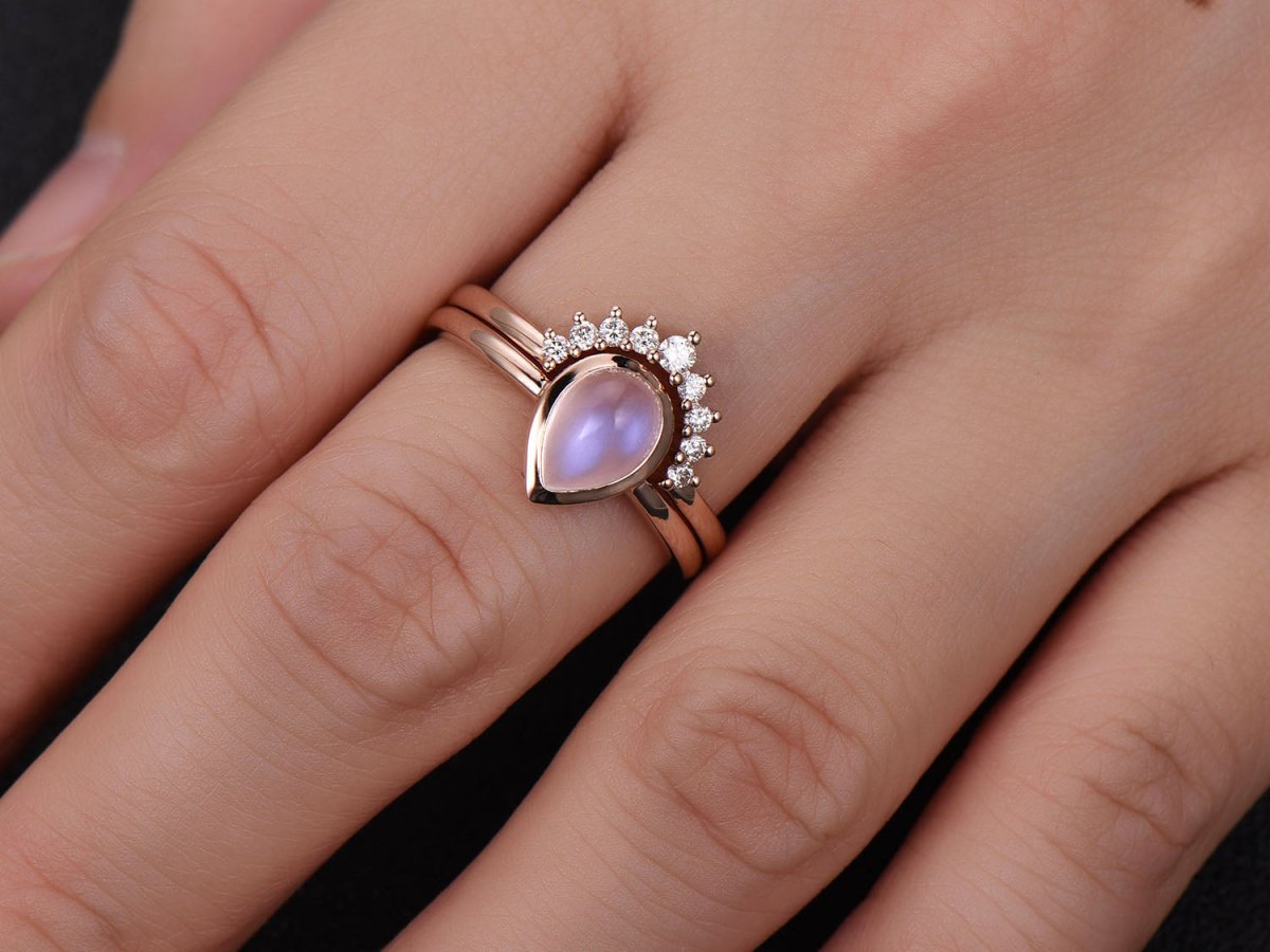 Bezel-Set Pear Moonstone Diamond Contour Wedding Band Bridal Set - Lord of Gem Rings