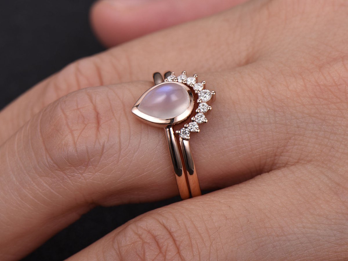 Bezel-Set Pear Moonstone Diamond Contour Wedding Band Bridal Set - Lord of Gem Rings