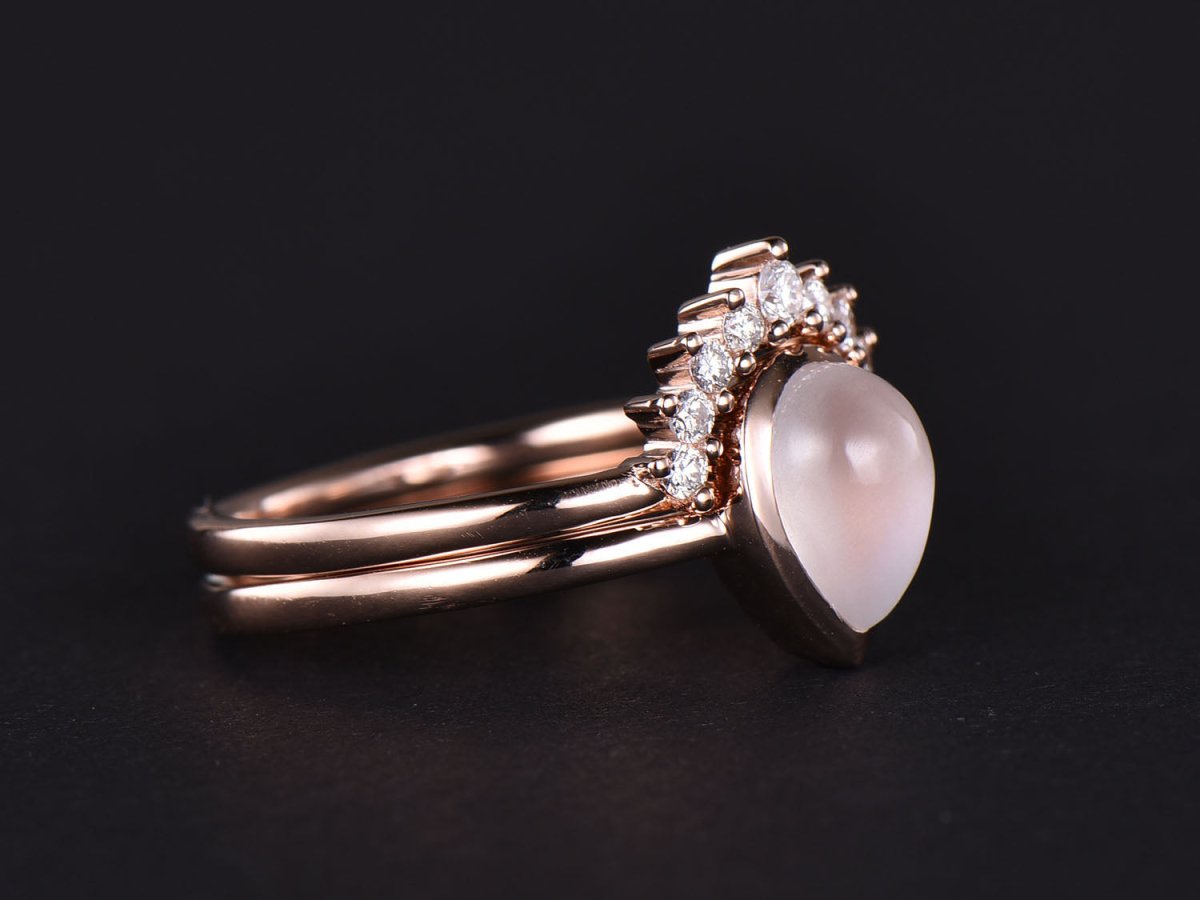 Bezel-Set Pear Moonstone Diamond Contour Wedding Band Bridal Set - Lord of Gem Rings