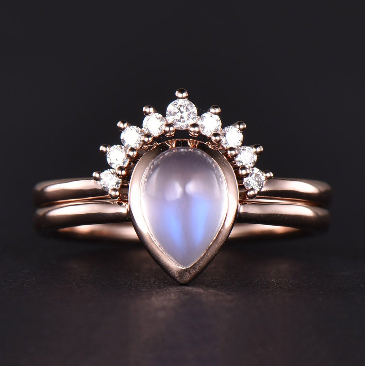 Bezel-Set Pear Moonstone Diamond Contour Wedding Band Bridal Set - Lord of Gem Rings