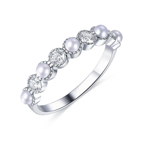 Pearl and Moissanite Milgrain Half Eternity June Birthstone Ring 14K White Gold