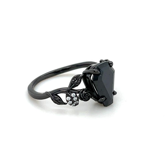 Black Spinel Gothic Ring in Silver with Black Oxide Plating