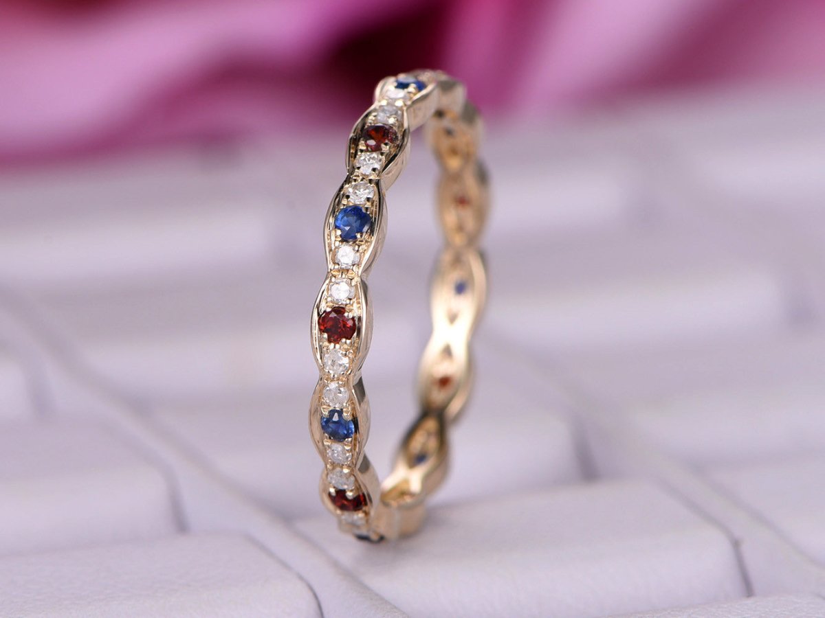 Blue Sapphire Garnet Wedding Band Full Eternity Birhstone Ring 14K