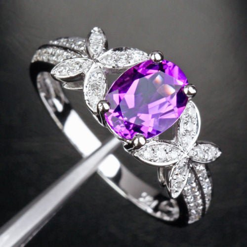 Butterfly Oval Dark Amethyst Diamond Accents Engagement Ring - Lord of Gem Rings