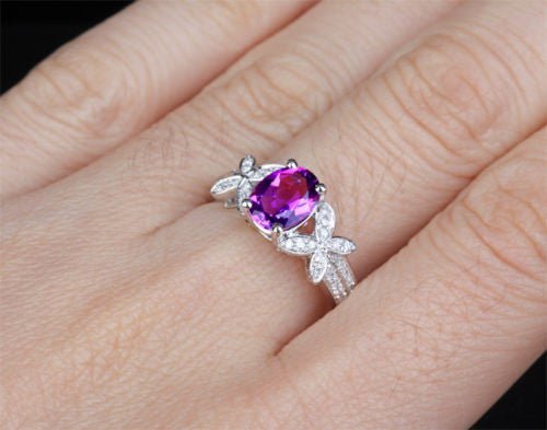 Butterfly Oval Dark Amethyst Diamond Accents Engagement Ring - Lord of Gem Rings