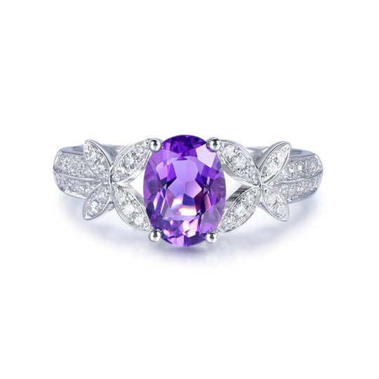 Butterfly Oval Dark Amethyst Diamond Accents Engagement Ring