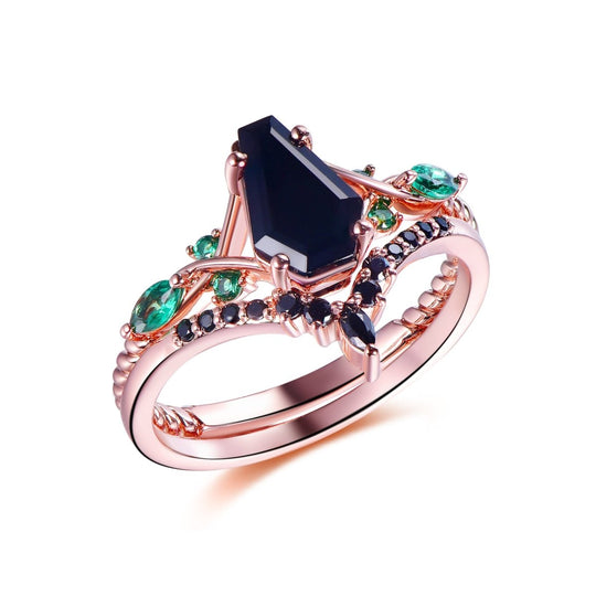 Coffin Cut Black Onyx Chevron Bridal Set, 14K Gold/Silver