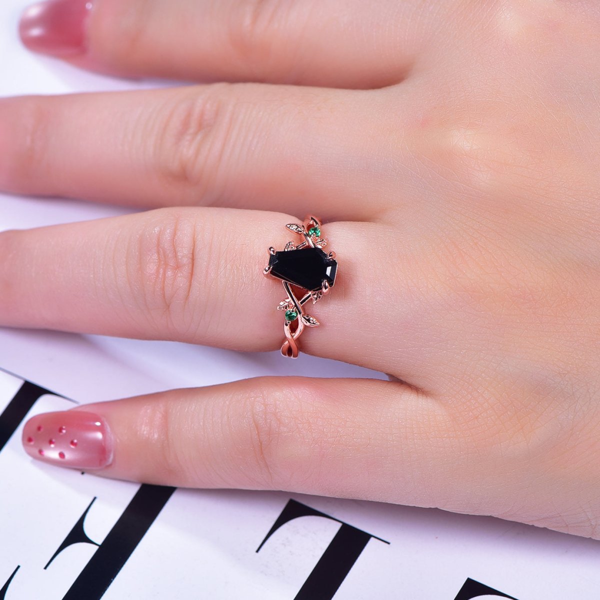 Coffin Cut Black Onyx Engagement Ring 14K Gold - Lord of Gem Rings