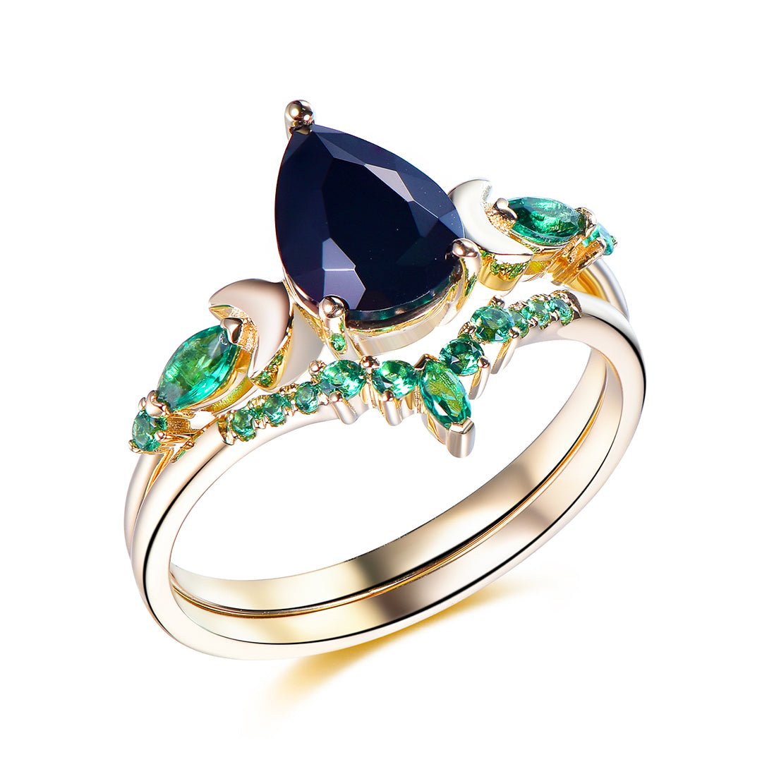 Crescent Noir Onyx & Emerald Ring Set in 14k Yellow Gold - Lord of Gem Rings