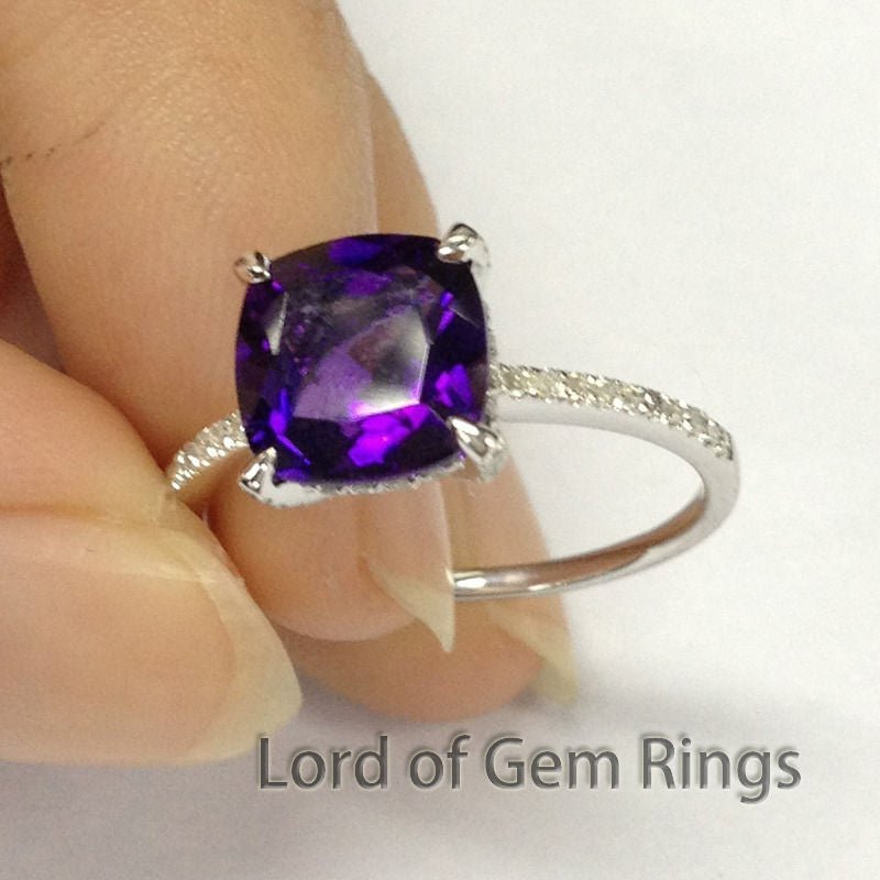 Cushion Amethyst Hidden Halo Ring with Diamond Accents 14K White Gold - Lord of Gem Rings
