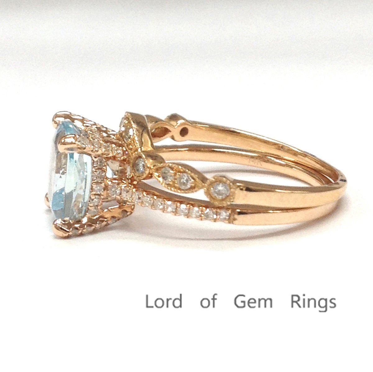 Cushion Aquamarine Diamond Art Deco Crescent Bridal Set 14K Rose Gold - Lord of Gem Rings