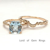 Cushion Aquamarine Diamond Art Deco Crescent Bridal Set 14K Rose Gold - Lord of Gem Rings