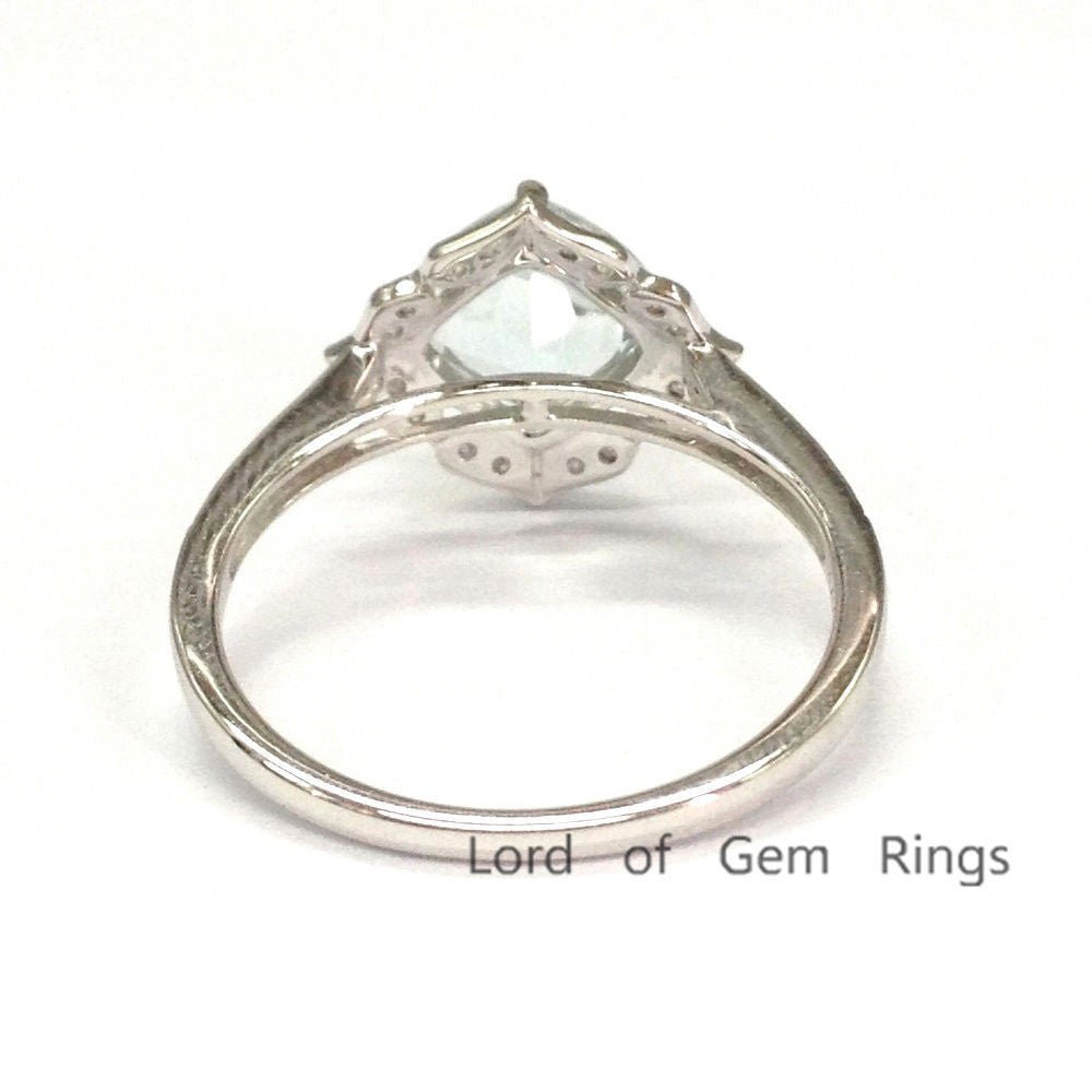 Cushion Aquamarine Diamond Floral Halo Ring 14K White Gold - Lord of Gem Rings