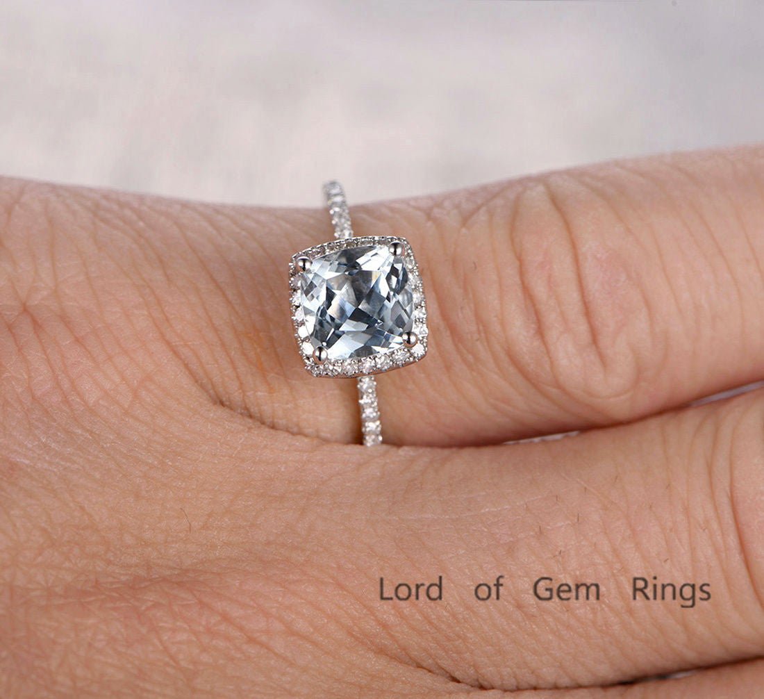 Cushion Aquamarine Diamond Halo Ring 14K White Gold - Lord of Gem Rings