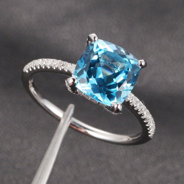Cushion Aquamarine Hidden Halo with Diamond Accents 14K White Gold - Lord of Gem Rings
